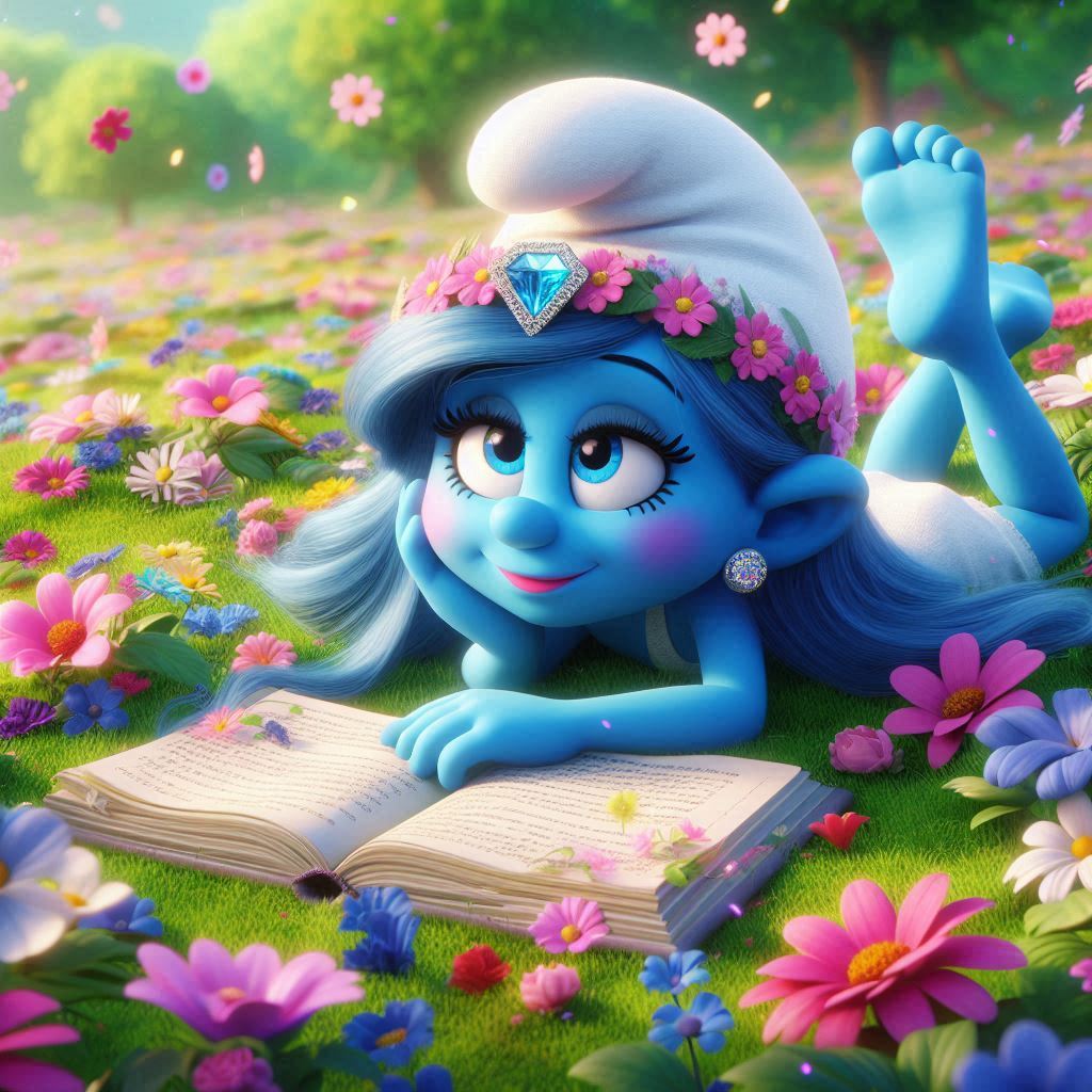 RiRi Smurf resting in the meadow surrounded by beautiful flowers. Meme coin