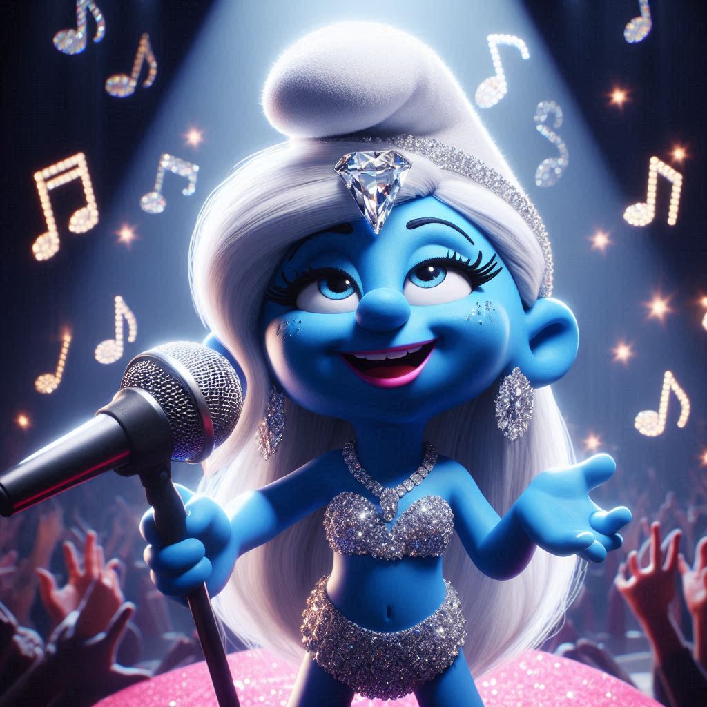 RiRi Smurf singing on stage in front of a large audience. meme coin design